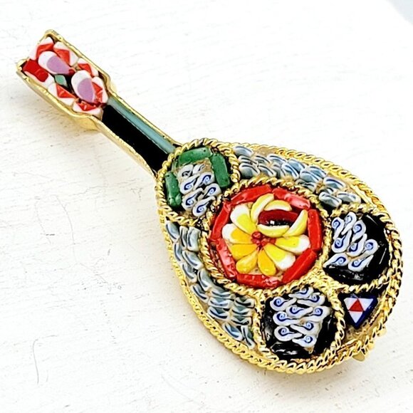 Estate Mandolin Guitar Micro Mosaic Brooch Pin Gold Tone Flower Mini Tiles VGC - Picture 1 of 10